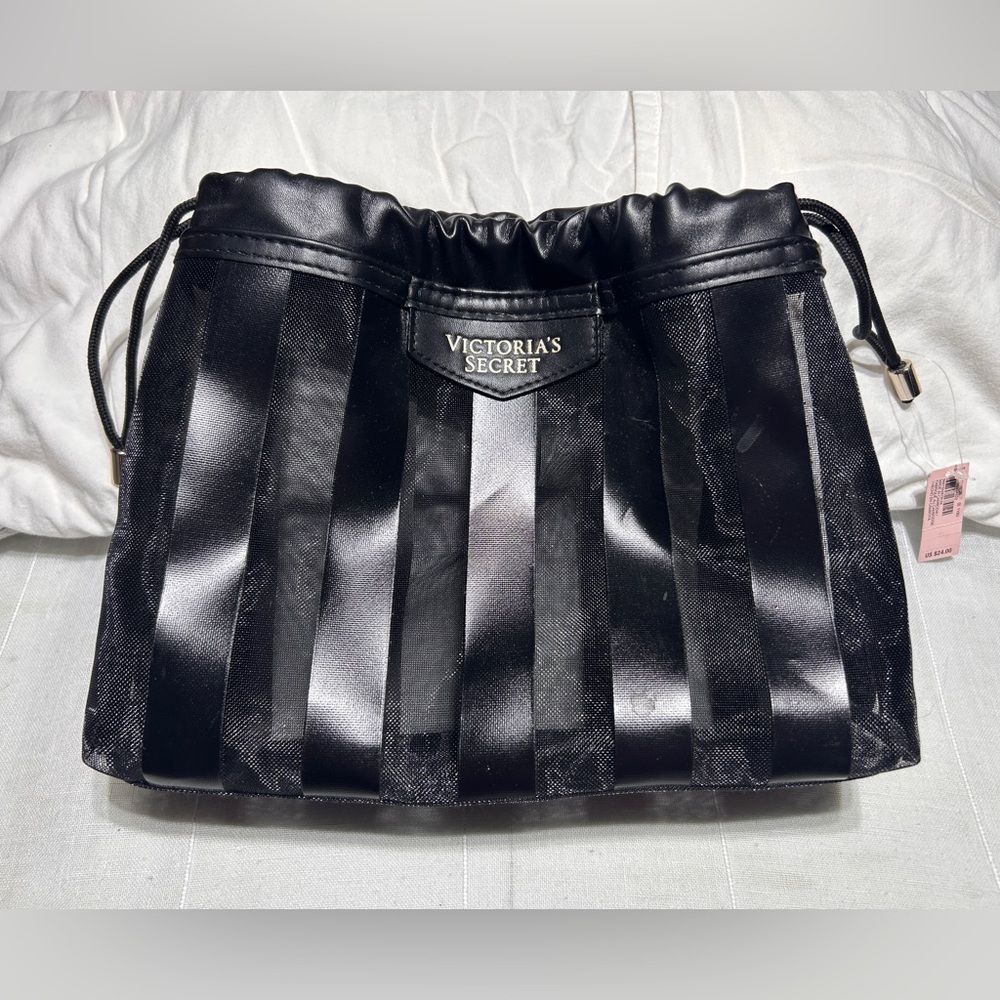 Victoria’s Secret Black Mesh Striped Travel/Makeup Bag NWT